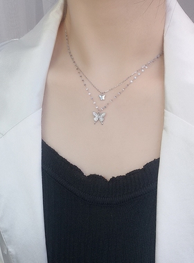 S925纯银蝴蝶项链女颈戴小众设计感网红送礼物双层锁骨链银饰