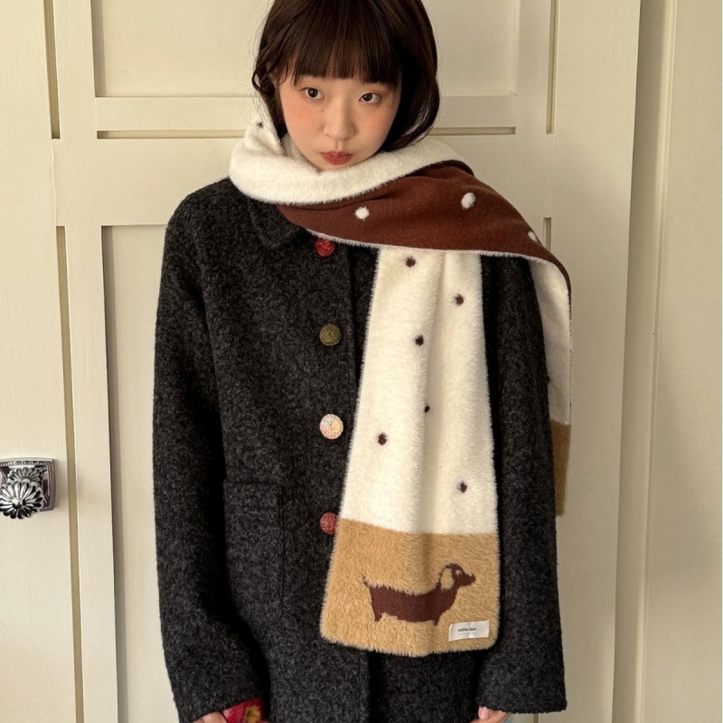 小狗围巾慵懒风秋冬保暖潮双面波点设计感小众软糯