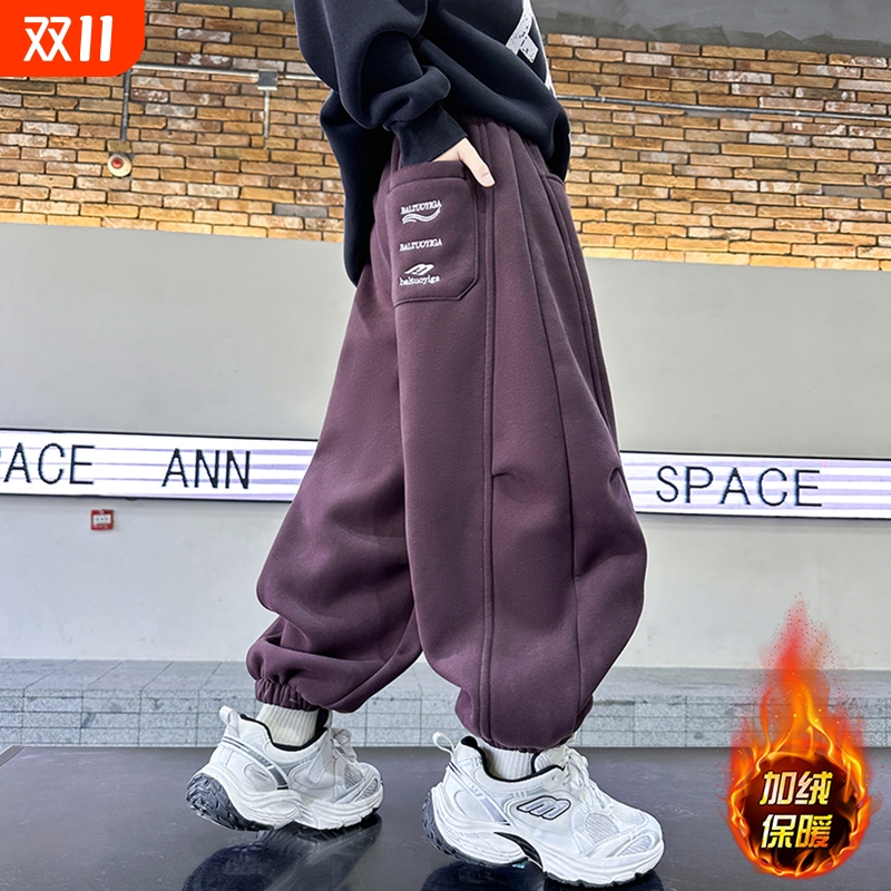 男童加绒裤子2025新款儿童运动裤休闲加厚炸街卫裤灰色韩版黑色