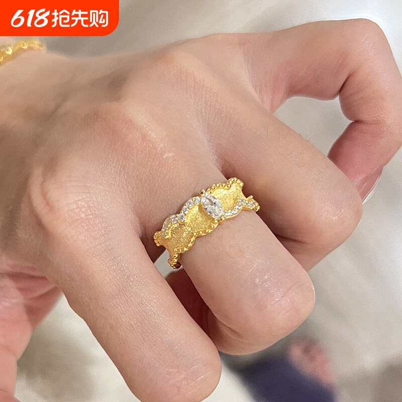 法式拉丝马眼钻戒指女复古宫廷风波浪中古指环百搭指环开口可调节