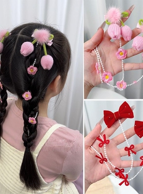 儿童中式花朵编发甜美女童流苏发夹超仙公主头饰发饰蝴蝶结红色