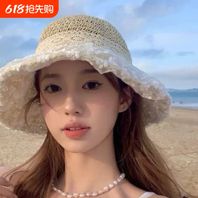 蕾丝渔夫帽花朵草帽草编夏季遮阳帽透气度假沙滩防晒帽子女太阳帽