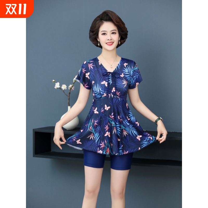 妈妈款泳衣女女士分体二件显瘦加肥加大中老年保守温泉游泳衣时尚