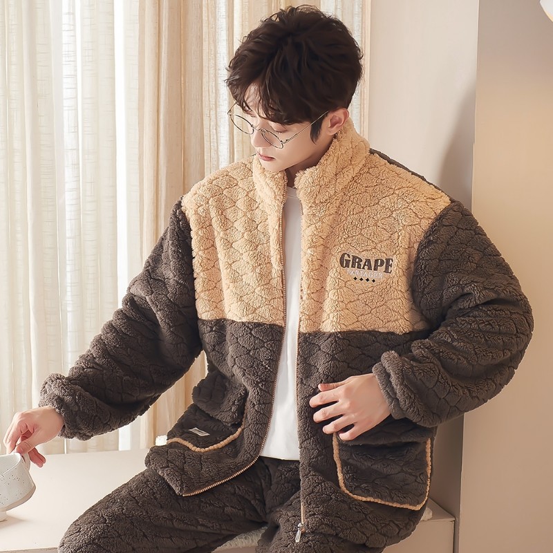 睡衣男秋冬天季加厚法兰绒套装珊瑚绒家居服加绒拉链大码保暖套装