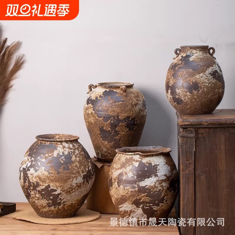 高级感花瓶复古粗陶禅意侘寂风陶瓷摆件客厅插花器中式居家装饰品