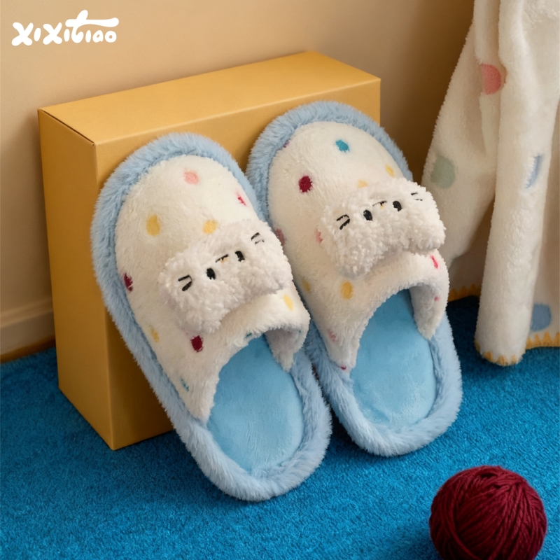 细细条可爱小猫彩色波点毛毛鞋