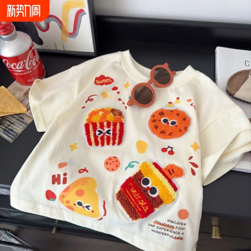 男女童装零食刺绣T恤纯棉夏季新款宽松洋气卡通公仔玩偶上衣立体