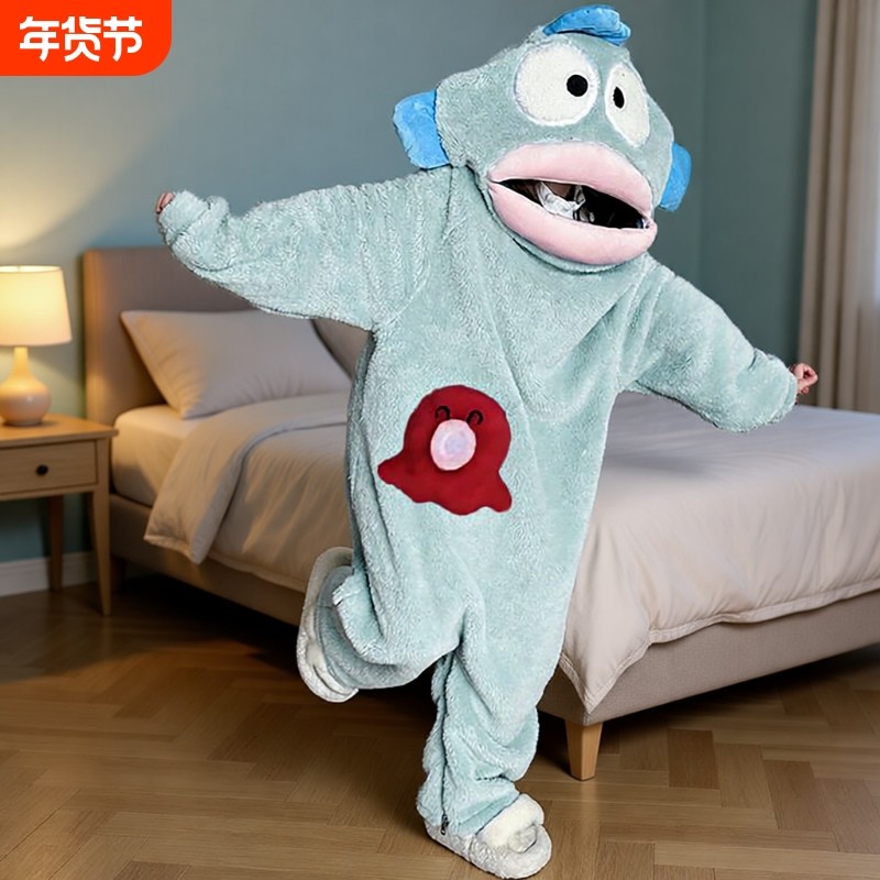 丑鱼儿童可爱搞怪连体睡衣女亲子法兰绒秋冬加厚珊瑚绒卡通家居服