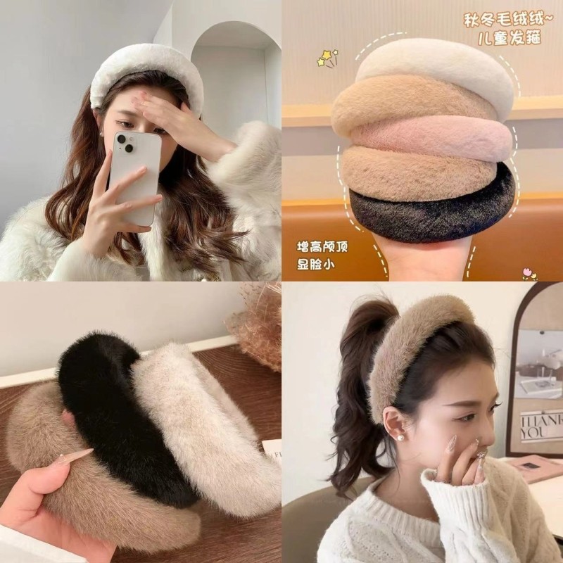 高级感高颅顶发箍女款毛绒秋冬洗脸加厚发饰头箍白色粉色黑色