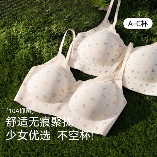 纯欲风碎花内衣少女小胸聚拢上托防下垂收副乳文胸固定阶段背心式