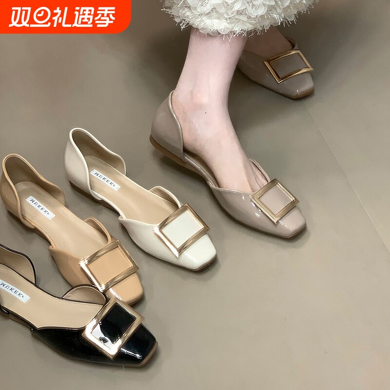 浅口单鞋女2025春夏季新款漆皮rv方扣法式气质中空方头凉鞋平底鞋