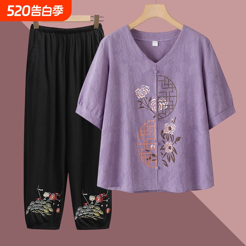 2026新款中老年女棉麻上衣母亲节礼物妈妈夏装套装奶奶洋气短袖t
