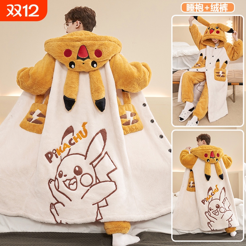 皮卡丘加厚珊瑚绒睡袍男士睡衣肥佬大码男款冬季青少年浴袍家居服