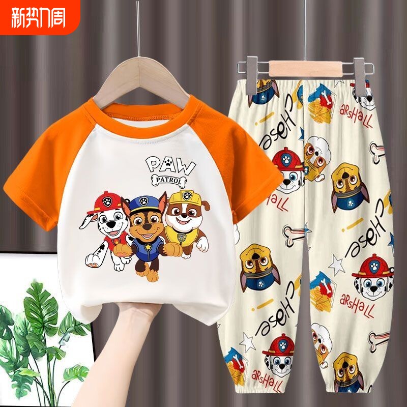 男童卡通短袖T恤套装夏季2024新款儿童汪汪队冰丝裤洋气两件套潮