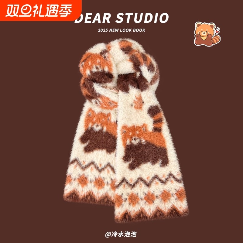 可爱卡通小熊猫围巾女秋冬季2025新款学生保暖百搭情侣围脖浣熊