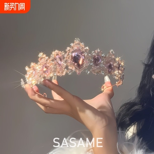 公主生日皇冠成人礼轻奢高级风爆闪水钻王冠发箍礼服发饰头饰粉色
