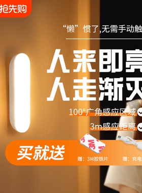 LED人体感应灯智能节能光控小夜灯橱柜衣柜楼过道洗手间灯可充电