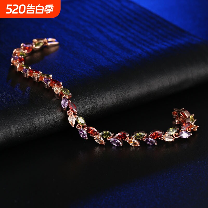 七彩水晶柳叶手链欧美手镯手链饰品 时尚铜锆石手链批发 wish热