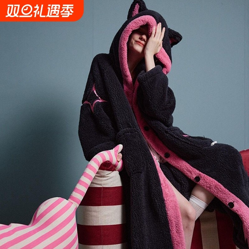 酷猫系列睡衣女冬季珊瑚绒加厚浴睡袍猫耳法兰绒可外穿家居服套装