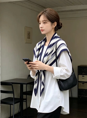 韩版几何拼色斜纹绸围巾女秋新款百搭图案气质围脖丝巾三角巾披肩