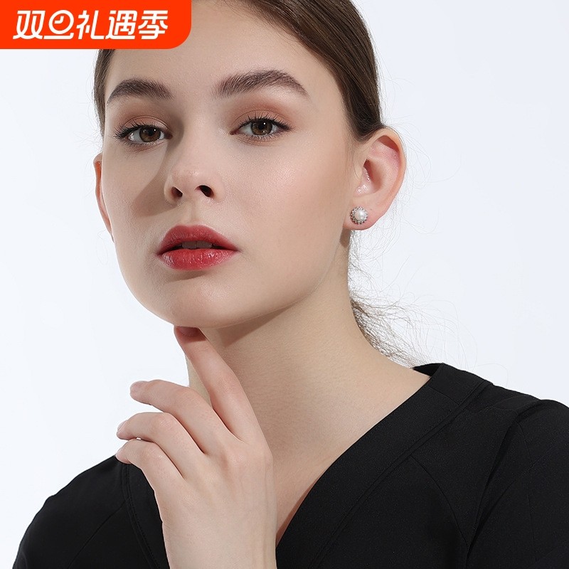 s925纯银淡水珍珠太阳花耳钉女复古港风微镶锆石耳饰diy配件饰