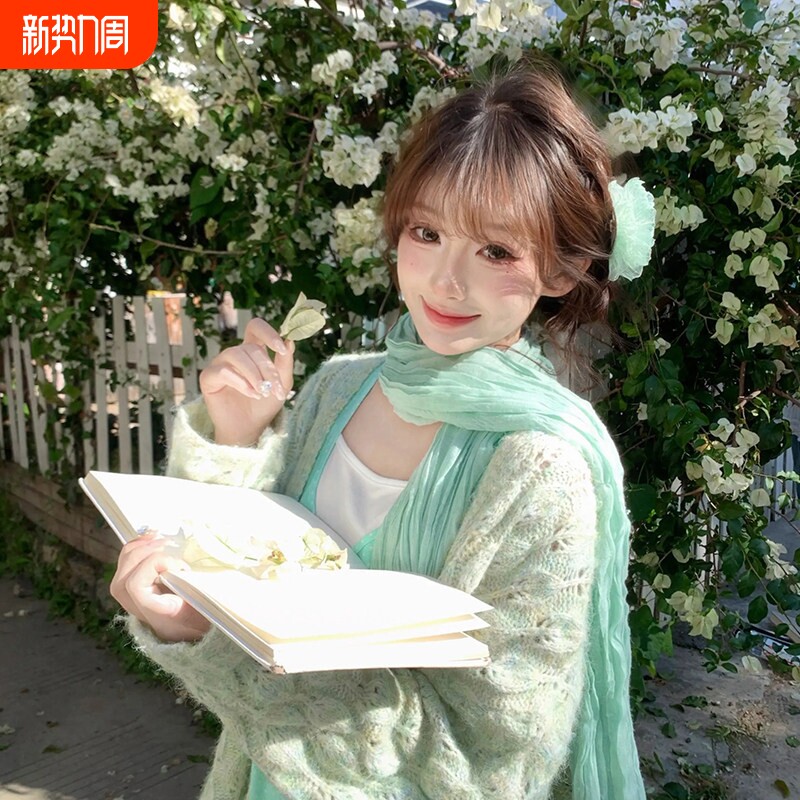 2026新款薄荷绿棉麻褶皱丝巾女士春夏文艺清冷感薄款系脖围巾披肩