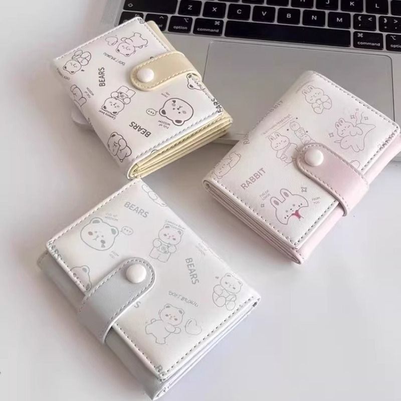 女款可爱小熊钱包印花pu皮按扣多卡位零钱包可爱学生三折短款小包