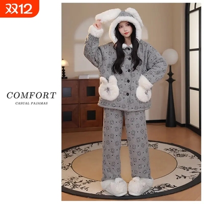 三层夹棉睡衣女秋冬季珊瑚绒加厚