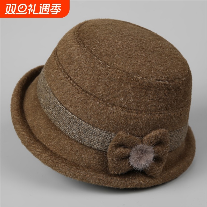 冬季女士妈妈帽子中老年人渔夫帽秋天毛呢保暖盆帽红色灰色优雅