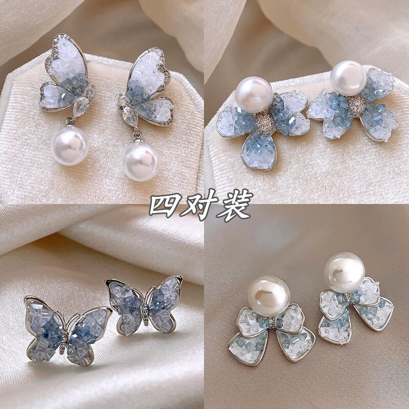 蝴蝶耳钉女珍珠耳坠小众设计轻奢高级感气质耳饰时尚百搭耳环花朵