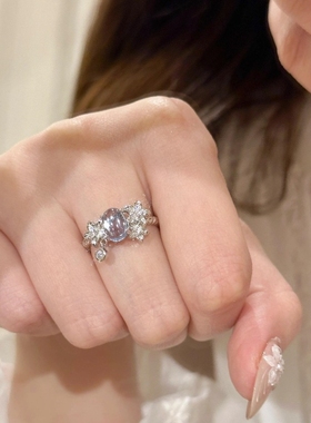 925法式轻奢高级感蓝尖晶铃兰花戒指流苏复古精致小众设计食指戒