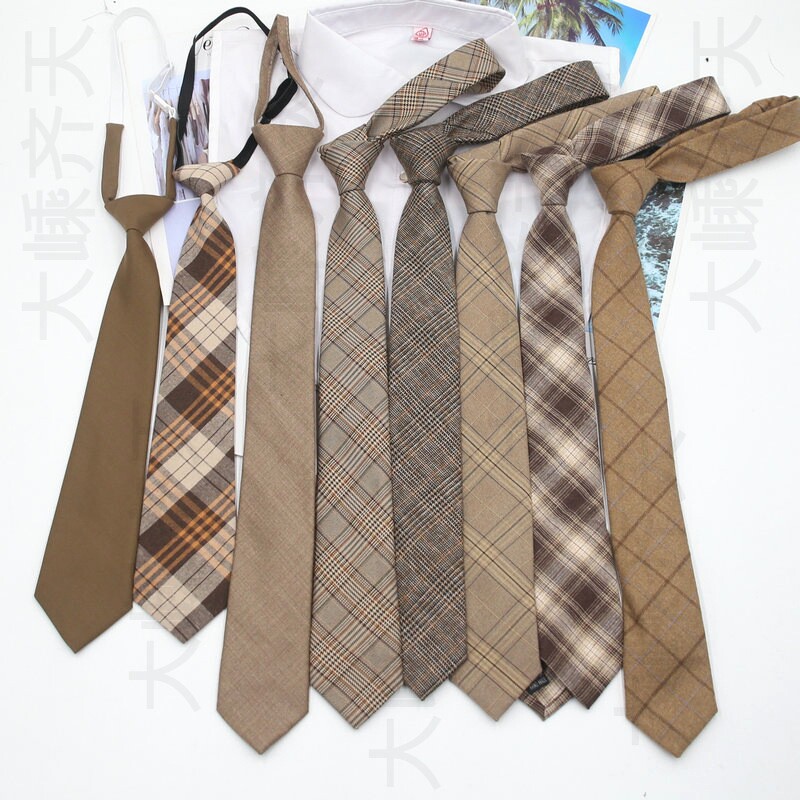 棕色复古卡其色咖啡色杏色免打懒人格子手打领带女长款学院风男潮