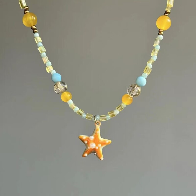 甜美多巴胺橘子海星项链女海边度假风星星串珠锁骨链夏日清新颈链