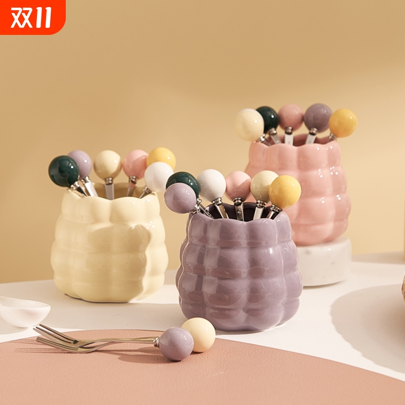 水果叉套装奶油风收纳罐叉子家用陶瓷少女心高颜值创意可爱瓶罐