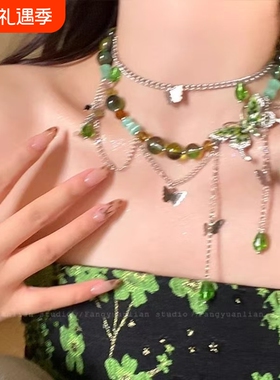 春夏季绿色蝴蝶流苏项链女2026新款高级小众锁骨链choker颈链