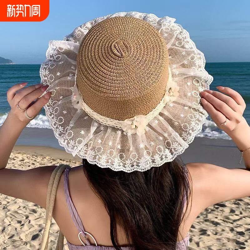 法式甜美蝴蝶结蕾丝草帽女夏季海边度假沙滩帽户外拍照遮阳防晒帽