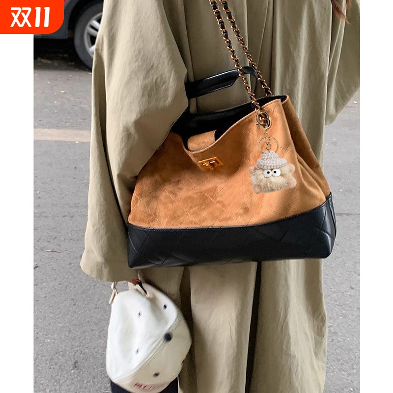 伊布古奇复古包包女链条包大容量单肩包上班通勤手提托特包棕色
