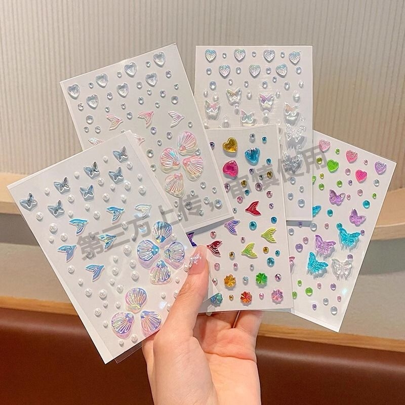 儿童脸部彩绘贴纸小女孩闪钻脸上贴饰品贝壳蝴蝶立体脸贴女童水晶宝石亮晶晶化妆贴舞台表演水钻贴画爱心人鱼