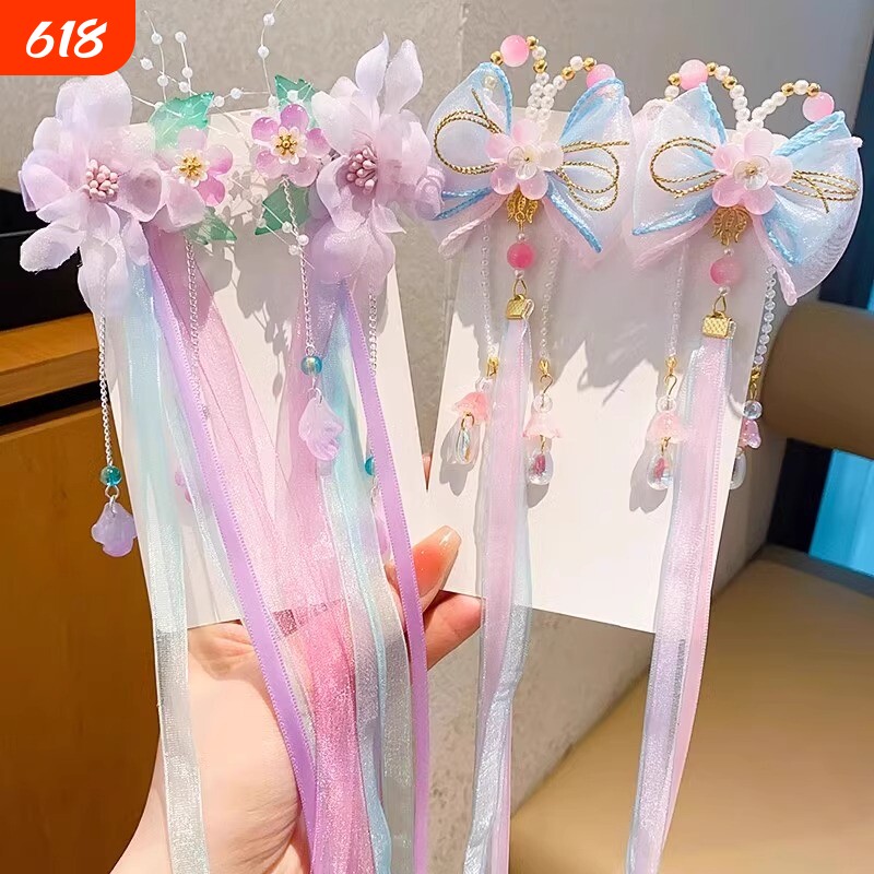 中国风儿童汉服头饰女童公主飘带小女孩超仙古装发夹宝宝古风发饰
