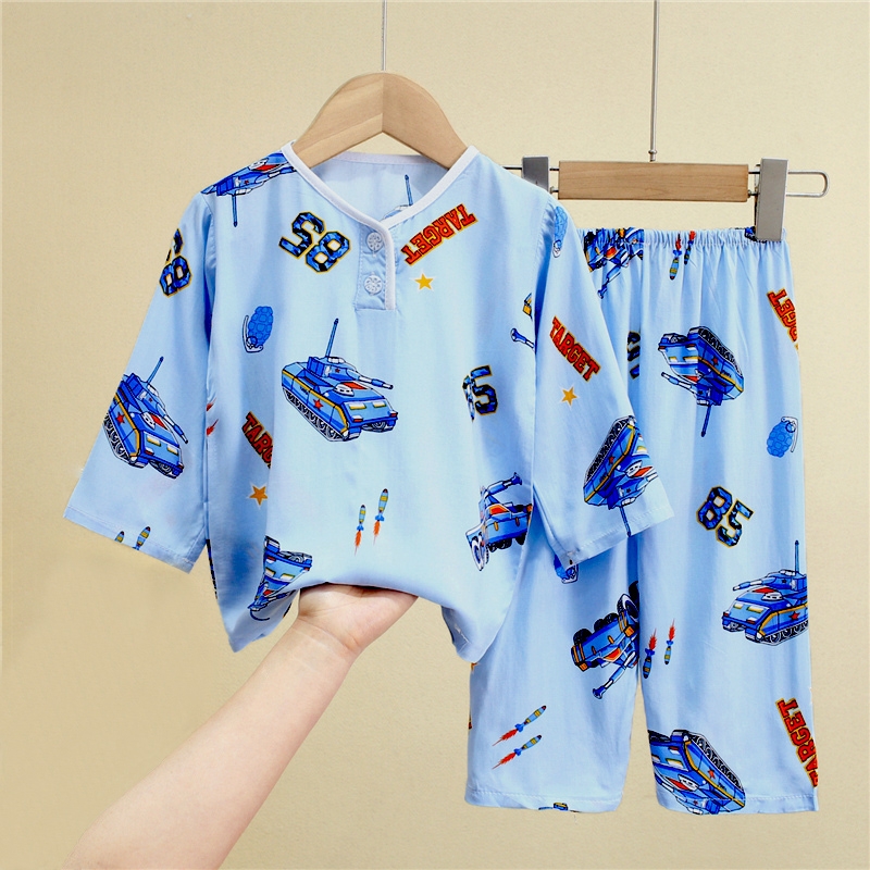 夏季儿童睡衣男童女童空调服宝宝长袖棉绸薄款家居服男孩短袖套装