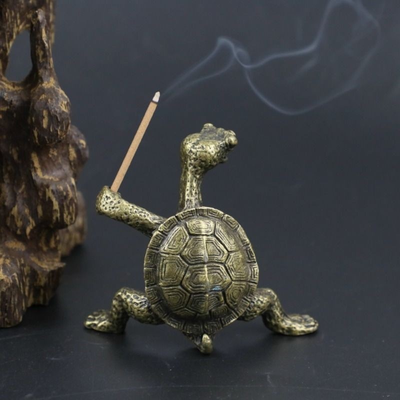 新中式功夫青铜色乌龟线香插手工玩金钱龟合金家居摆件家用