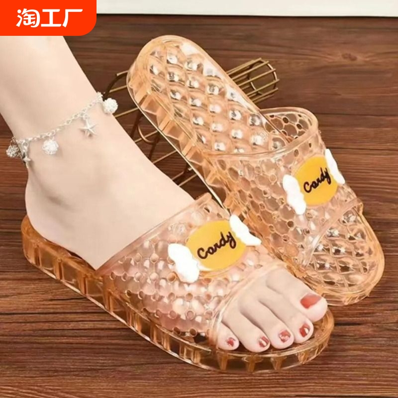 水晶拖鞋女款防滑公主透明平底浴室洗澡家用厚底沙滩凉拖鞋轻便