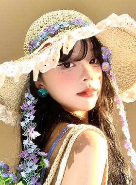 碎花草帽女夏海边大帽檐遮阳防晒帽可折叠太阳帽子沙滩度假红色