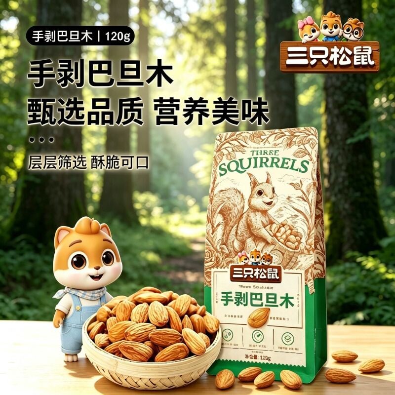 三只松鼠手剥巴旦木120g/袋装休闲零食坚果干果扁杏仁小吃食品