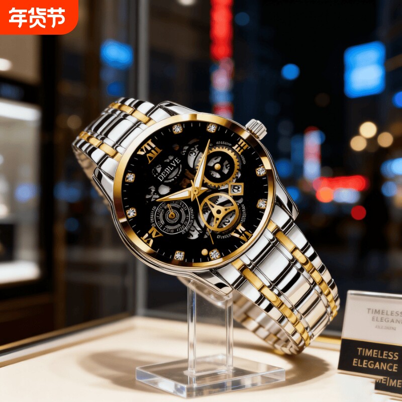 正品瑞士2024新款手表男士全自动机械风防水精钢带双日历男表夜光