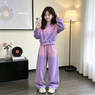 女童套装春秋渐变色2026新款洋气紫色儿童宽松卫衣休闲运动两件套