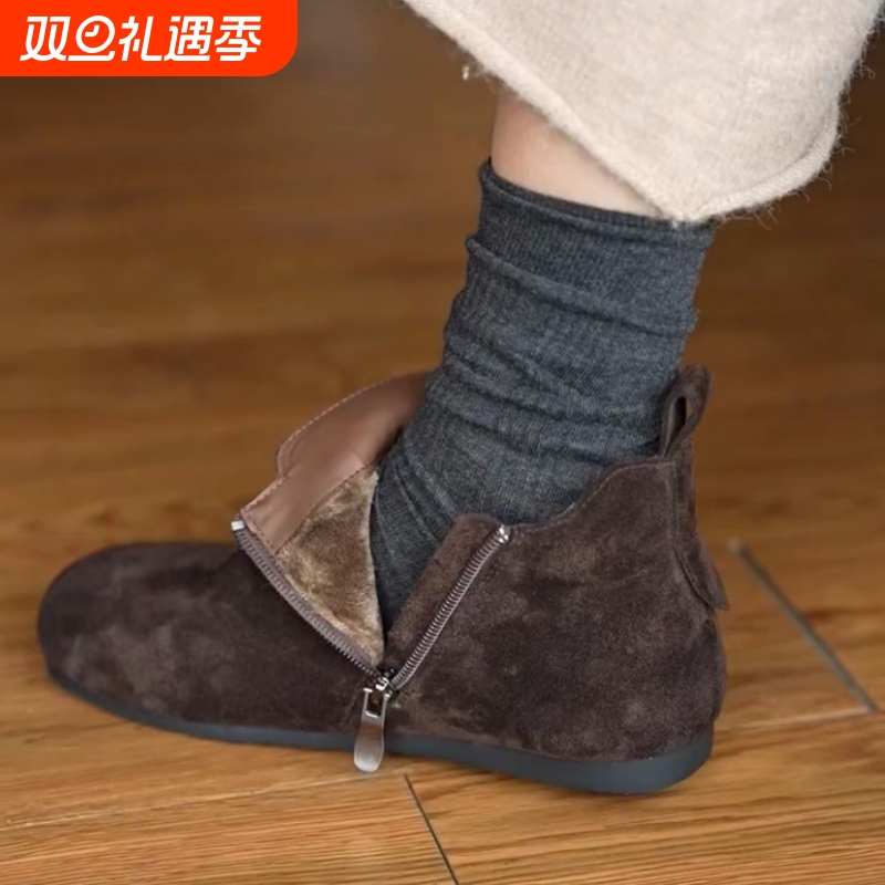 羊皮版~复古加绒保暖马丁靴女2025新款平底皮带扣侧拉链勃肯短靴