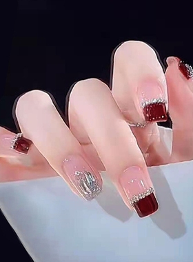 秋季高级显白酒红色法式美甲片贝母链条钻款穿戴甲优雅奢华nails