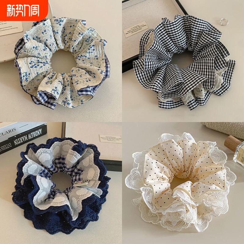 黄色碎花大肠发圈女法式头花发绳绑丸子头头绳高级感蕾丝波点蓝色