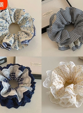 黄色碎花大肠发圈女法式头花发绳绑丸子头头绳高级感蕾丝波点蓝色